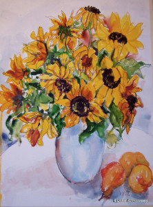 sunflowers with peaches and pears
