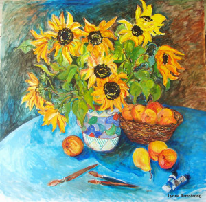 sunflowers with a basket of Peaches